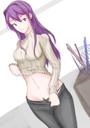 9_9bird black_panties black_pants doki_doki_literature_club gray_turtleneck_sweater panties pants pen pen_in_panties purple_eyes purple_hair sweat sweatdrop turtleneck turtleneck_sweater utensil yuri_(doki_doki_literature_club)