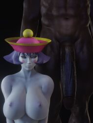 1boy 1girls 3d asian asian_female balls big_breasts big_penis blender blue_skin blush_stickers breasts capcom closed_mouth collarbone cpt-flapjack dark-skinned_male dark_skin darkstalkers duo faceless_male female frown hat hsien_ko huge_cock interracial jiangshi large_breasts lei-lei lei_lei looking_at_penis looking_to_the_side male muscular_male nipples nude nude_female nude_male penis penis_awe purple_hair self_upload shocked straight undead