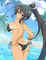 1girls adjusting_bikini adjusting_clothes adjusting_swimsuit ass bikini black_bikini black_hair black_swimsuit blue_eyes breasts clouds hair_ribbon homura_(senran_kagura) large_breasts looking_at_viewer looking_back outside palm_trees ponytail ribbon ribbon_in_hair senran_kagura side-tie_bikini side-tie_swimsuit sky swimsuit tanlines water yaegashi_nan