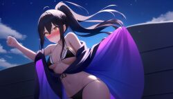 ai_generated bikini black_hair embarrassed female fringe_trim nai_diffusion orange_eyes ponytail saki_fuwa(tower_of_fantasy) stable_diffusion tower_of_fantasy