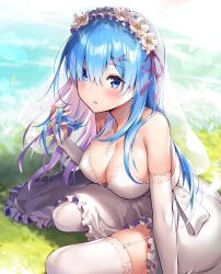 1girls ale_nqki alternate_hairstyle big_breasts blue_eyes blue_hair breasts cleavage female female_only flower_hair_ornament flower_in_hair hair_between_eyes kneeling light-skinned_female long_hair matching_hair/eyes on_knees open_mouth re:zero_kara_hajimeru_isekai_seikatsu rem_(re:zero) thighs wedding_dress wedding_ring wedding_veil x_hair_ornament