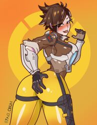 1girls big_ass blush breasts brown_eyes brown_hair clothed_female commission female female_only holding_ass horny_female inviting_to_sex looking_at_another looking_at_viewer looking_back overwatch presenting_ass presenting_pussy solo solo_female tracer yaki_chun