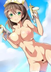 1girls beach blackcony breasts breasts_out brown_hair censored censored_pussy clouds cowboy_shot day daytime embarrassed embarrassed_nude_female female female_focus female_only forseti_(kamihime) green_eyes hat holding_gun holding_object huge_breasts kamihime_project kamihime_project_r large_breasts looking_at_viewer nipples pubic_hair pussy smile solo solo_female solo_focus stockings sweat tagme thighhighs water_gun wet