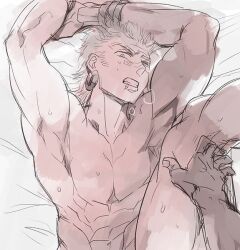 2boys angry_face armpits arms_up bara battle_tendency bedsheets gay heavy_breathing implied_sex jojo's_bizarre_adventure leg_up legs_held_up male_only muscles muscular muscular_male tnoshi wamuu yaoi