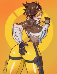 1girls big_ass blush breasts brown_eyes brown_hair clothed_female commission female female_only glasses holding_ass horny_female inviting_to_sex looking_at_another looking_at_viewer looking_back overwatch presenting_ass presenting_pussy solo solo_female tracer yaki_chun