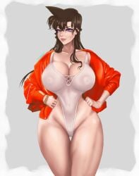 1girls blue_eyes breasts brown_hair clothed clothing detective_conan female female_only fully_clothed gray_background human large_breasts long_hair pale-skinned_female pale_skin ran_mouri self_upload swimsuit tagme thick_thighs white_background wide_hips yaki_chun