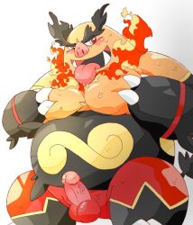 2022 anthro balls belly big_belly black_body blush emboar erection generation_5_pokemon genitals ginsingoo1 kemono male moobs nintendo orange_body overweight overweight_male penis pokemon pokemon_(species) red_body solo tongue tongue_out video_games