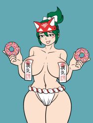 1girls 2d areolae big_breasts blizzard_entertainment breasts brown_eyes cherryart curvy curvy_body curvy_female curvy_figure curvy_hips donut doughnut facial_markings fox_mask fundoshi green_hair kiriko_(overwatch) ofuda ofuda_on_nipples overwatch overwatch_2 short_hair smile thick_thighs underwear