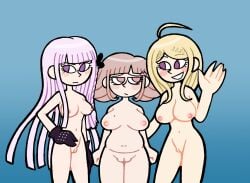 3girls 5_fingers akamatsu_kaede blue_background breasts danganronpa female female_only females kirigiri_kyouko krusha64612042 multiple_girls naked naked_female nanami_chiaki nipples nude nude_female nudity pussy straight_hair tblb203 voice_actor_connection