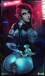 after_anal after_sex blue_eyes creampie cum_dripping cum_dripping_from_ass cum_in_anus cyberpunk cyborg elf_ears female_only half_shaved_head hands_behind_back hands_tied japanese_text looking_back mechanical_body nyuunzi possible_rape rain recording standing tagme