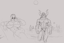 1boy beach big_breasts female huge_cock iranon minotaur muscular_female original_characters