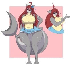 1girls ahoge big_breasts blush breasts brunette_hair carnivore curvy dewwydarts dewwydartz female female_only fish grey_skin huge_breasts large_breasts long_hair looking_at_viewer pear_shaped red_eyes scalie shark shark_girl shorts smile smiling_at_viewer tagme tail thick_thighs wide_hips