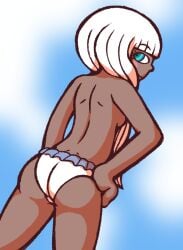 ass ass_focus back back_view bikini_bottom blue_eyes blue_sky blush butt butt_focus cartoon_blush closed_mouth covered_breasts danganronpa dark-skinned_female dark_skin female female_only frilled_bikini frilled_bikini_bottom frilled_panties frills krusha64612042 looking_at_viewer looking_back sky smile smiling_at_viewer straight_hair tblb203 tight_bikini tight_bikini_bottom topless white_hair yonaga_angie