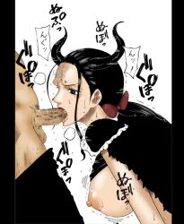 azlight69 beast_pirates_(cosplay) black_hair blowjob female horns large_breasts male nico_robin one_piece oral questionable_consent sideboob tagme wano_country