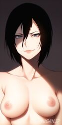 1girls ai_generated attack_on_titan bare_shoulders black_hair breasts hair_between_eyes inusanjp mikasa_ackerman nai_diffusion nude short_hair smug stable_diffusion