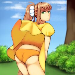 1girls :. bow brown_hair bushes doki_doki_literature_club dress female grass green_eyes looking_at_viewer monika_(doki_doki_literature_club) outside panties ponytail skirt solo tree triplestabber upskirt white_bow yellow_dress yellow_panties