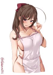 :p ahoge alternate_costume apron bangs bare_shoulders blush bow breasts brown_hair cleavage collarbone cowboy_shot cropped_legs ebifurya female hair_ornament hair_ribbon hairbow hairclip highres kantai_collection large_breasts long_hair looking_at_viewer mamiya_(kantai_collection) naked_apron one-hour_drawing_challenge ponytail ribbon sideboob simple_background solo tongue tongue_out twitter_username white_background