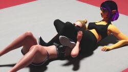 2girls 3d ass_on_face black_pants facesitting female female_only headscissor naslux paladins skye_(paladins) wrestling