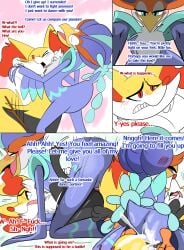 ambiguous_gender anthro_on_anthro avian bird bodily_fluids braixen canid canine comic crocodyke cum cum_inside dialogue duo ejaculation english_text feral fox genital_fluids hi_res interspecies male mammal nintendo pokémon_(species) pokemon pokemon_(species) pokemon_sv pokemon_xy quaquaval questionable_consent text video_games