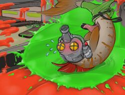 albixanad blush cloacal_penis embarrassed erection feral fish flipper_flopper_(splatoon) genitals grey_body hair hi_res male marine mask nintendo penis red_hair salmonid salmonid_(splatoon) solo splatoon video_games