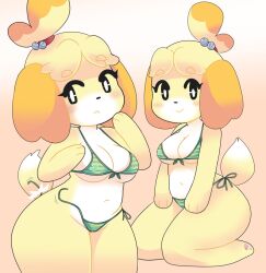 :< animal_crossing anthro bikini blush breasts canid canine canis cleavage clothing female fur furry furry_only isabelle_(animal_crossing) nintendo onigiri_punch tail thick_thighs wide_hips