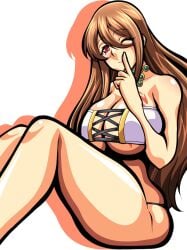 argos_(kamihime) artist_request ass bikini bikini_bottom bikini_top breast_squeeze breasts brown_hair curvaceous curvy curvy_female curvy_figure female female_focus female_only huge_breasts jewelry kamihime_project kamihime_project_r large_breasts legs long_hair looking_at_viewer necklace red_eyes shushing sitting sitting_on_floor smile smiling smiling_at_viewer smirk solo solo_female solo_focus tagme tattoo tattooed_breast tattooed_chest voluptuous white_background white_bikini wink winking winking_at_viewer