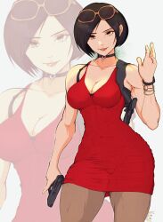 1girls ada_wong ada_wong_(adriana) asian asian_female black_hair capcom casual cleavage clothed clothed_female dress eyewear female female_only firearm fully_clothed gun handgun harness human light-skinned_female light_skin neckwear pale_skin red_dress resident_evil resident_evil_2 resident_evil_2_remake solo solo_female sunglasses sunglasses_on_head thick_thighs weapon wide_hips wristwear yoracrab