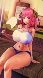 1080p 3d big_breasts blue_eyes fan_(object) go-toubun_no_hanayome koi-animex koikatsu looking_at_viewer master_studio nakano_nino pink_hair solo sweat