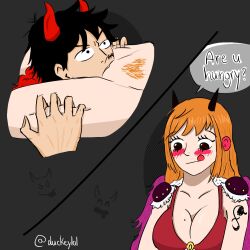 1boy 1boy1girl 1girls aroused beast_pirates_(cosplay) big_breasts black_hair blush bottomless_female bra breasts cape cleavage cunnilingus duckeylol eating_pussy female horns horny long_hair male monkey_d_luffy nami one_piece orange_hair post-timeskip pubic_hair pussy scar short_hair shoulder_pads speech_bubble tattoo trimmed_pubic_hair