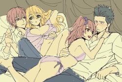 2boys 2girls aburi_rare blonde_hair blush bra breasts brown_eyes brown_hair canon_genderswap cleavage colored_sketch dual_persona female genderswap_(mtf) gintama green_eyes kondou_goriko kondou_isao lace-trimmed_bra lace-trimmed_panties lingerie long_hair looking_at_another lying_on_person male nervous okita_sougo okita_souko on_back on_stomach open_shirt panties rule_63 side-tie_panties side_ponytail sideboob smile sweat