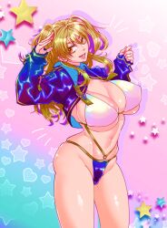 alternate_costume big_breasts bikini blonde_hair canon_genderswap cleavage female female_only genderswap_(mtf) gintama huge_breasts jacket kondou_goriko kondou_isao long_hair looking_at_viewer nipple_bulge open_mouth rule_63 salute shrug_(clothing) smile solo swimsuit tooru_(pixiv) twintails underboob wavy_hair white_bikini_top yellow_eyes