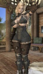 1girls armor big_ass big_breasts bikini_armor blonde_hair blue_eyes dommy_mommy elf_orc_lunaire female female_only glasses hand_on_head huge_ass huge_breasts large_ass large_breasts rebecca_(original_character) seductive skyrim solo the_elder_scrolls