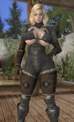 1girls armor big_ass big_breasts bikini_armor blonde_hair blue_eyes dommy_mommy elf_orc_lunaire female female_only glasses huge_ass huge_breasts large_ass large_breasts rebecca_(original_character) seductive skyrim solo the_elder_scrolls