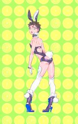 1boy aged_down alternate_costume boots brown_hair bunny_boy bunny_ears bunny_tail bunnysuit crossdressing detached_collar femboy full_body gintama gloves high_heel_boots kondou_isao looking_at_viewer looking_back male male_only male_playboy_bunny nipple_slip rear_view shiny_skin short_hair solo standing thighhighs tooru_(pixiv) twink very_short_hair white_gloves white_legwear white_thighhighs