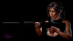 3d big_breasts breasts brown_eyes brown_hair busty cleavage female female_focus female_only firearm gun human lara_croft lara_croft_(survivor) large_breasts leotard long_hair m16 nose_piercing pale_skin piercing ponytail rifle suppressor tagme tomb_raider tomb_raider_(survivor) underriverstones weapon