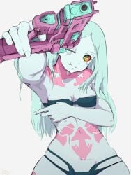 1girls cd_projekt_red crab cute cyberpunk:_edgerunners cyberpunk_2077 female female_only firearm gun handgun human netflix pale_skin panties rebecca_(edgerunners) small_breasts studio_trigger underwear weapon wink yoracrab