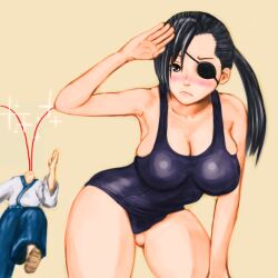 1boy 1girls bent_over big_breasts black_hair black_swimsuit blue_swimsuit blush breast_squish cleavage embarrassed eye_patch female female_focus frown gintama hanging_breasts leaning_forward long_hair looking_at_viewer male nosebleed official_alternate_costume one-piece_swimsuit pervert pitbull_(artist) ponytail salute school_swimsuit shimura_shinpachi swimsuit thick_thighs tight_clothing tomboy yagyuu_kyuubei