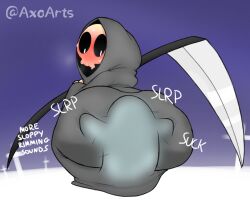 1boy 2022 ambiguous_gender ass ass_focus axoarts back_view big_ass black_cloak blush bottom_heavy cloak clothed clothing dat_ass death_(personification) english_text fat_ass flustered fully_clothed ghost gigantic_ass grim_reaper heavy_blush holding_scythe holding_weapon huge_ass large_ass male male_focus onomatopoeia rear_view rimming rimming_male scythe sex_under_clothes shortstack skeleton skull_head slurping sound_effects swamp_ass sweat sweat_stain sweatdrop sweating text thick_ass twitter_username under_clothes weapon wide_hips