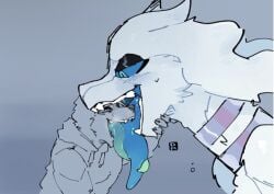 1boy 1girls anthro blue_eyes cartoony colored_tongue eyelashes eyeshadow female female_pokemon fluffy fluffy_tail french_kiss goonie-san holding_hands kissing legendary_pokémon licking licking_hand licking_tongue long_tongue male pokémon_(species) pokemon reshiram saliva tongue tongue_out white_fur