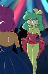 adult_fink anthro blush bodily_fluids body_blush cartoon_network clothed clothing clothing_lift dress dress_lift ear_piercing enid enid_(ok_k.o.!_lbh) female fink_(ok_k.o.!_let's_be_heroes) flashing flashing_pussy genital_fluids genitals green_body green_hair hair hi_res human jewelry ketikake lipstick makeup mammal murid murine necklace nipple_outline no_underwear ok_k.o.!_let's_be_heroes party piercing prom pupils pussy pussy_blush pussy_juice radicles rat rodent x-tian yellow_pupils