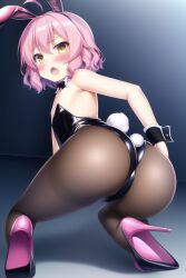 ai_generated alternate_costume ass bare_shoulders blush cameltoe embarrassed female flat_chest from_behind hairclip high_heels huge_ass kneeling leotard looking_at_viewer nai_diffusion oerba_yun_fang open_mouth orange_eyes pantyhose pink_hair playboy_bunny rabbit_ears rabbit_tail shiny shiny_clothes shiny_hair shiny_skin short_hair small_breasts solo stable_diffusion star_ocean star_ocean_anamnesis verda_kleiman wrist_cuffs