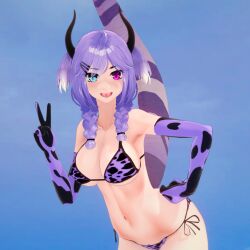 3d bikini breasts cleavage cow_print_bikini cowkini female female_only heterochromia horns koidragoon looking_at_viewer nijisanji nijisanji_en peace_sign selen_tatsuki solo solo_female v virtual_youtuber