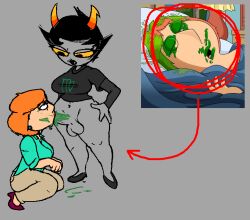 1futa 1girls basic_background black_hair clothed crackship cum_in_mouth family_guy fellatio futa_on_female futanari green_cum grey_skin homestuck horns hourglass_figure kanaya_maryam lipstick lois_griffin no_shading orange_hair orange_horn partially_clothed sheepfun squatting standing wide_hips