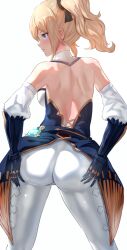 ass ass_grab bangs bare_shoulders blonde_hair blue_eyes blush breasts capelet deep_skin detached_sleeves female genshin_impact grabbing_own_ass highres huge_ass jean_gunnhildr large_breasts long_hair looking_to_the_side pants ponytail shiny shiny_clothes shiny_hair shiny_skin shirt smile solo strapless strapless_shirt uenoryoma white_pants white_shirt