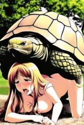 ahe_gao ai_generated all_fours blue_eyes brown_hair doggy_style nai_diffusion open_mouth original pinned_down reptile sentinel_axis sex stable_diffusion tongue_out tortoise zoophilia