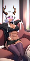 ai_generated antlers chaos_(warhammer) demon demon_girl muscular muscular_female nai_diffusion original purple_eyes shirt short_skirt six_pack skirt solo stable_diffusion tan_skin veronica_ishtani warhammer_(franchise) warhammer_40k white_hair