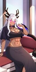 ai_generated antlers chaos_(warhammer) demon demon_girl long_skirt muscular muscular_female nai_diffusion original purple_eyes shirt short_skirt six_pack skirt solo stable_diffusion t-shirt tan_skin veronica_ishtani warhammer_(franchise) warhammer_40k white_hair