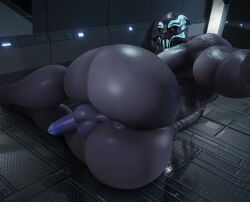 1boy 3d 3d_(artwork) alien anus ass backsack balls big_butt circumcised digital_media_(artwork) genitals head_on_hand hi_res huge_butt humanoid_genitalia looking_at_viewer looking_back lying male male_only mass_effect morethreedee muscular muscular_male not_furry nude on_side penis pose selfie solo thick_thighs turian video_games wide_hips