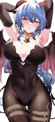 1girls ahoge armpits arms_behind_head bangs black_gloves black_leotard blue_hair blush breasts cameltoe cleavage collarbone elbow_gloves female female_only ganyu_(genshin_impact) genshin_impact gloves halloween_costume horns large_breasts leotard long_hair looking_at_viewer open_mouth pantyhose purple_eyes shiben_(ugvu5784) solo sweat thighs wings