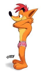 1boy 2020s 2022 3_toes 4_fingers activision anthro armpit_hair arms_behind_back arms_behind_head arms_up ass bandicoot barefoot black_eyebrows black_eyes black_nose blank_background blush blush_lines blushing boxers boxers_(clothing) bulge butt clothing crash_(series) crash_bandicoot crash_bandicoot_(series) detailed_bulge doodle dorkyrudy feet full_body fur furry furry_only grin hairy_armpits heart_boxers heart_underwear hi_res male male_focus male_only mammal marsupial orange_fur pink_boxers pink_underwear red_eyes red_hair simple_background smile solo solo_focus tan_fur underwear video_games white_background